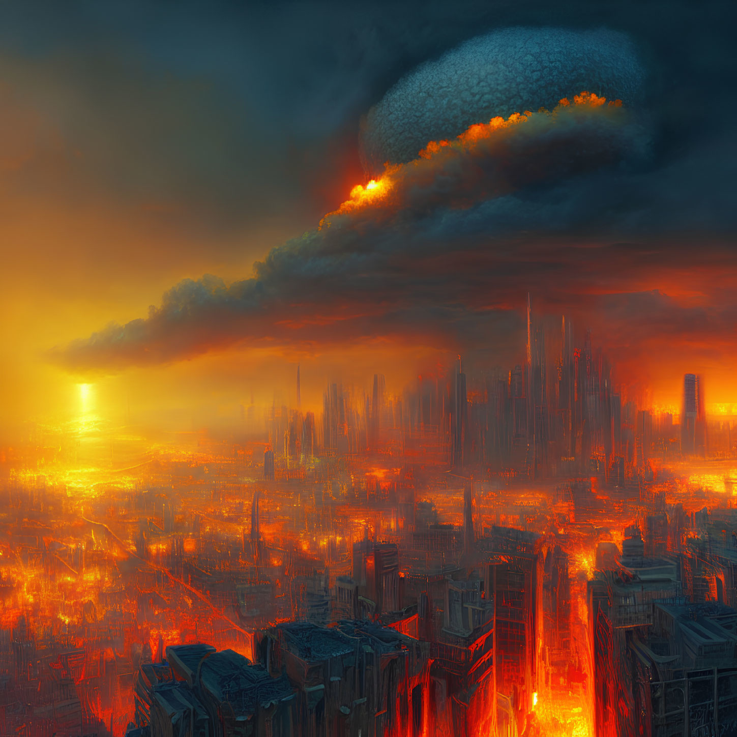 Dystopian cityscape at sunset with burning skyscrapers in stormy sky