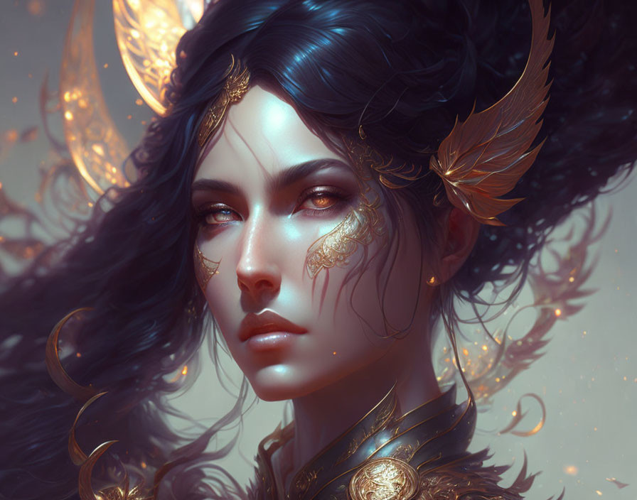 Ethereal Woman with Dark Hair and Golden Ornaments