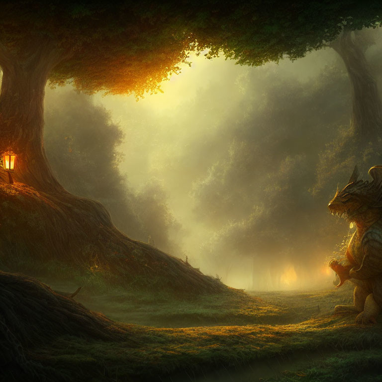 Mystical forest scene with warm light, lantern, and peaceful dragon