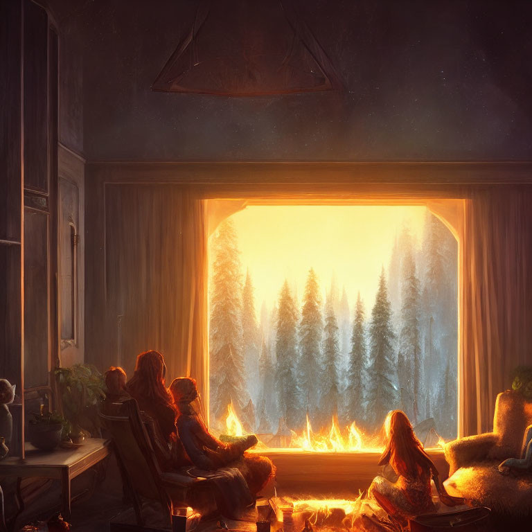 Cozy Room with People by Fire & Snowy Forest View