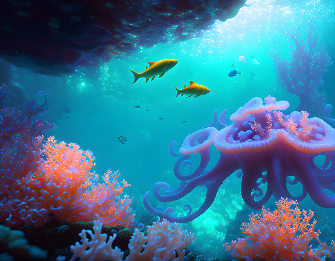 Colorful Coral Reef with Fish and Sunlight in Underwater Scene