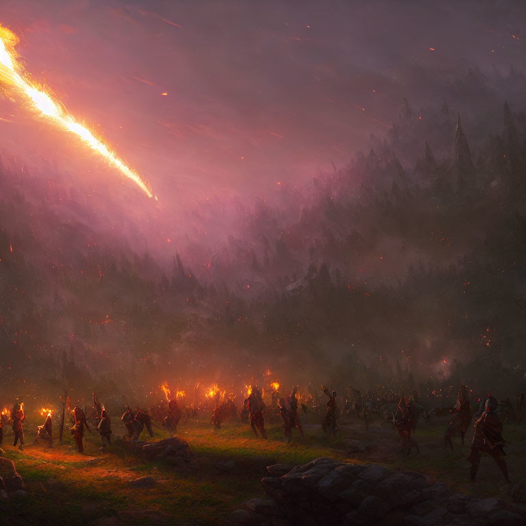 Fantasy battle scene at dusk with warriors, torches, fiery meteor, purple sky, dark forest