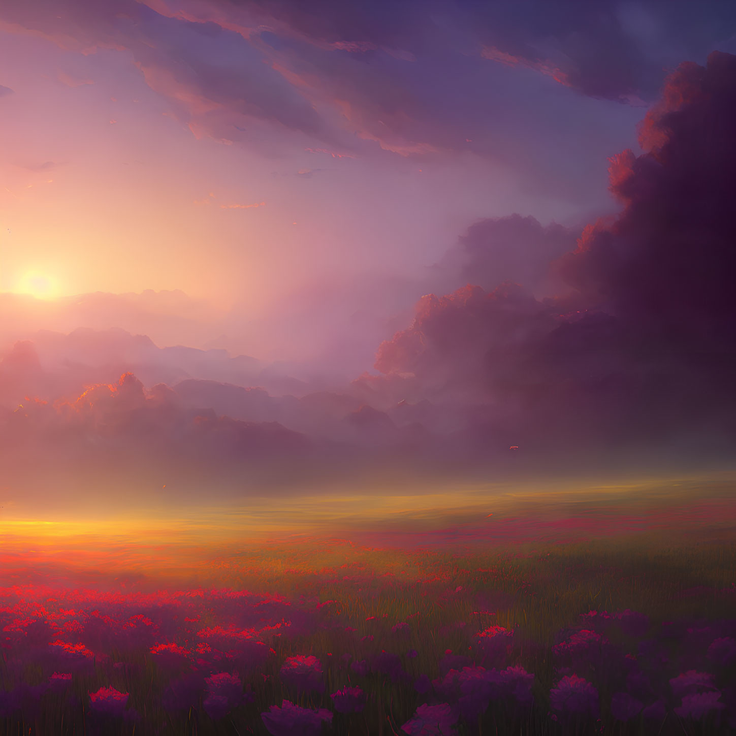 Colorful Sunset Illustration Over Lush Flower Field