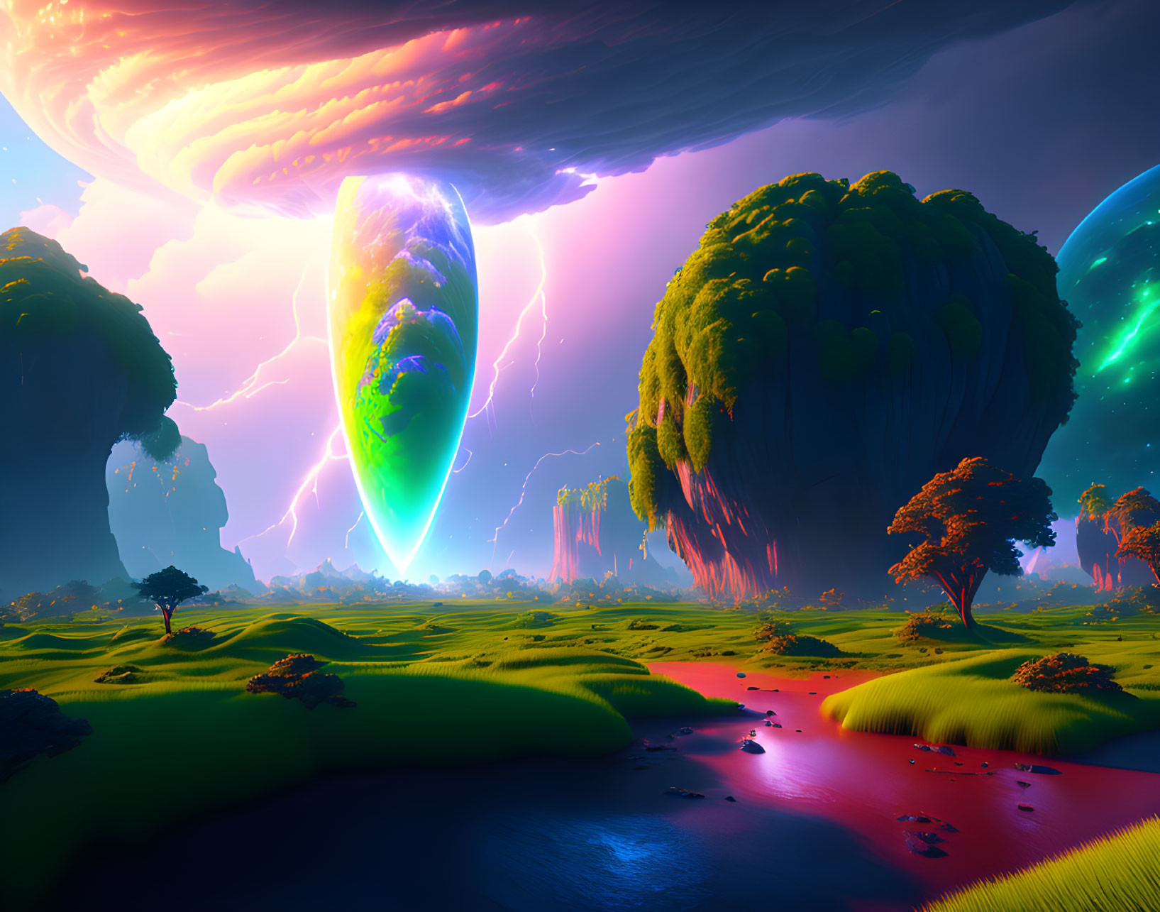 Sci-fi landscape with glowing portal, lightning, floating landmasses, greenery, trees, and