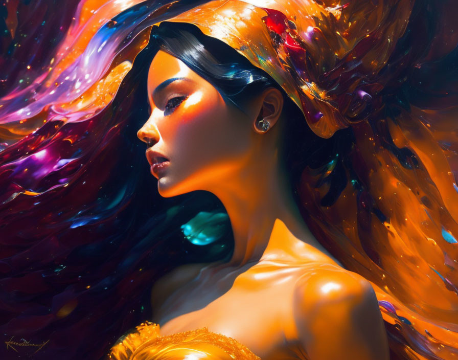 Vibrant digital artwork: Woman with cosmic nebula hair in rich golden hues