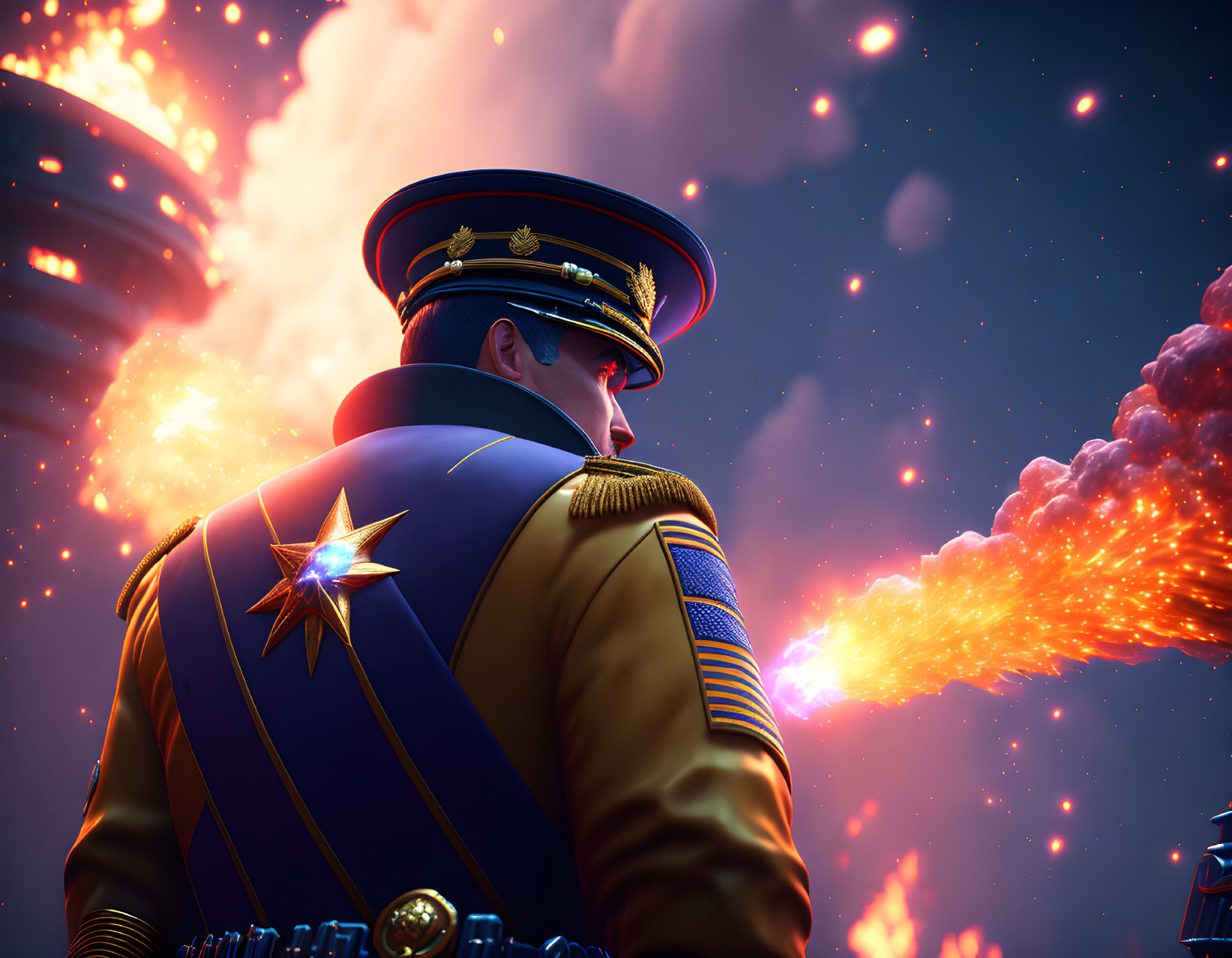 Decorated military officer gazes at fiery night sky explosion