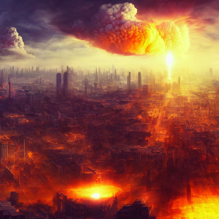 Dystopian cityscape in flames with mushroom clouds.