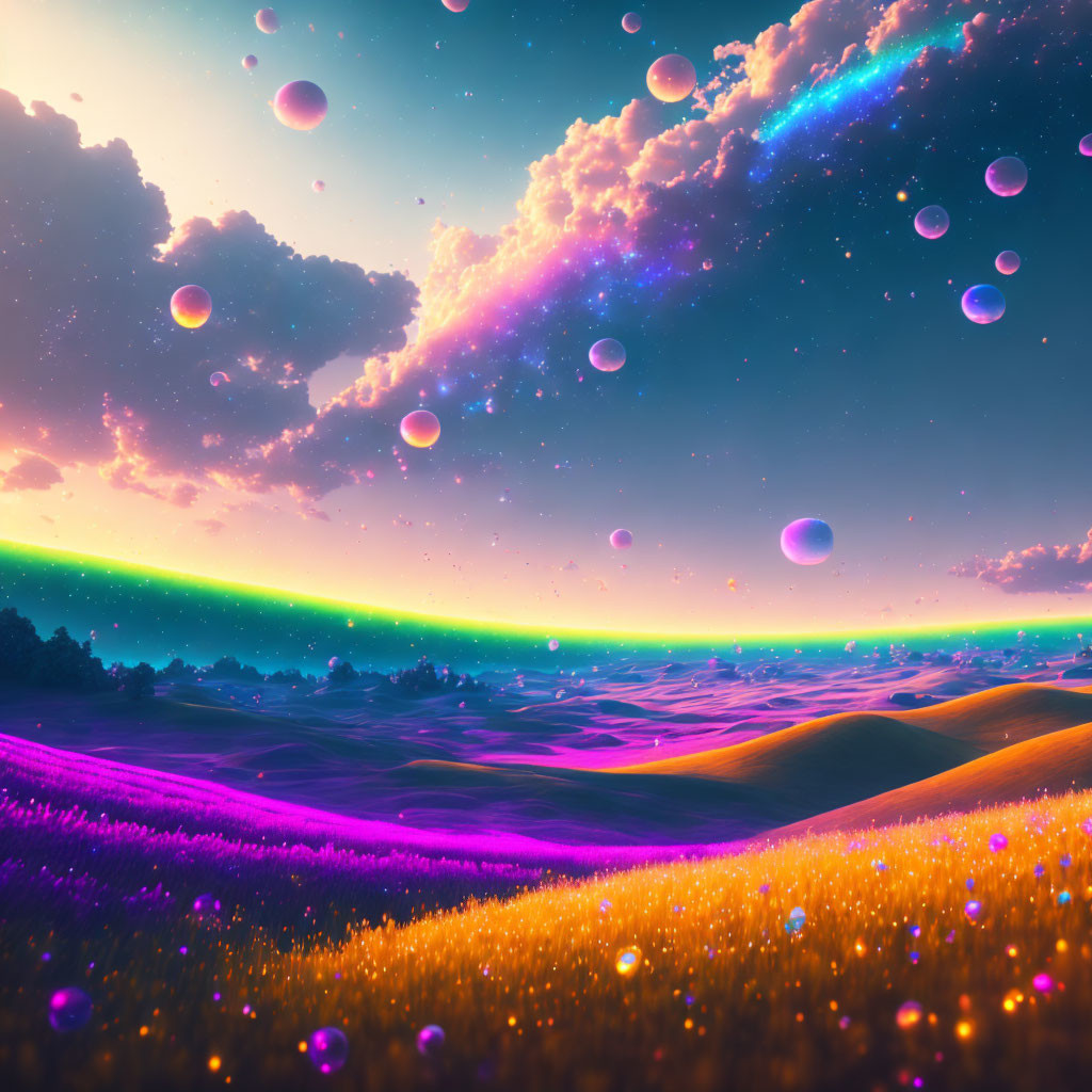 Fantasy landscape with purple skies, colorful aurora, luminous bubbles, and starry horizon