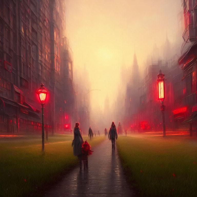 Misty urban street at dusk with glowing red streetlights and pedestrians