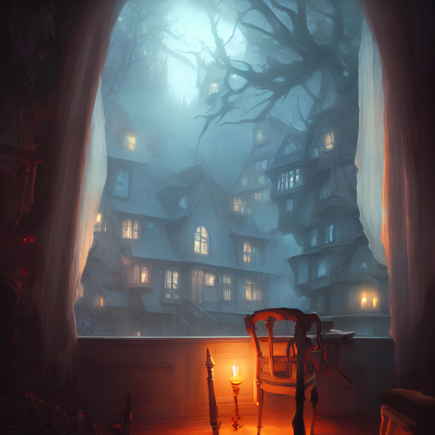 Mystical multi-storied building in fog with chair and candle