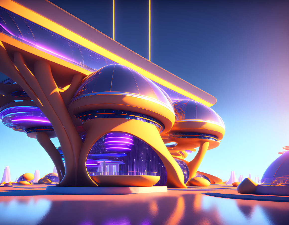 Glowing futuristic cityscape with organic structures and elevated roadways