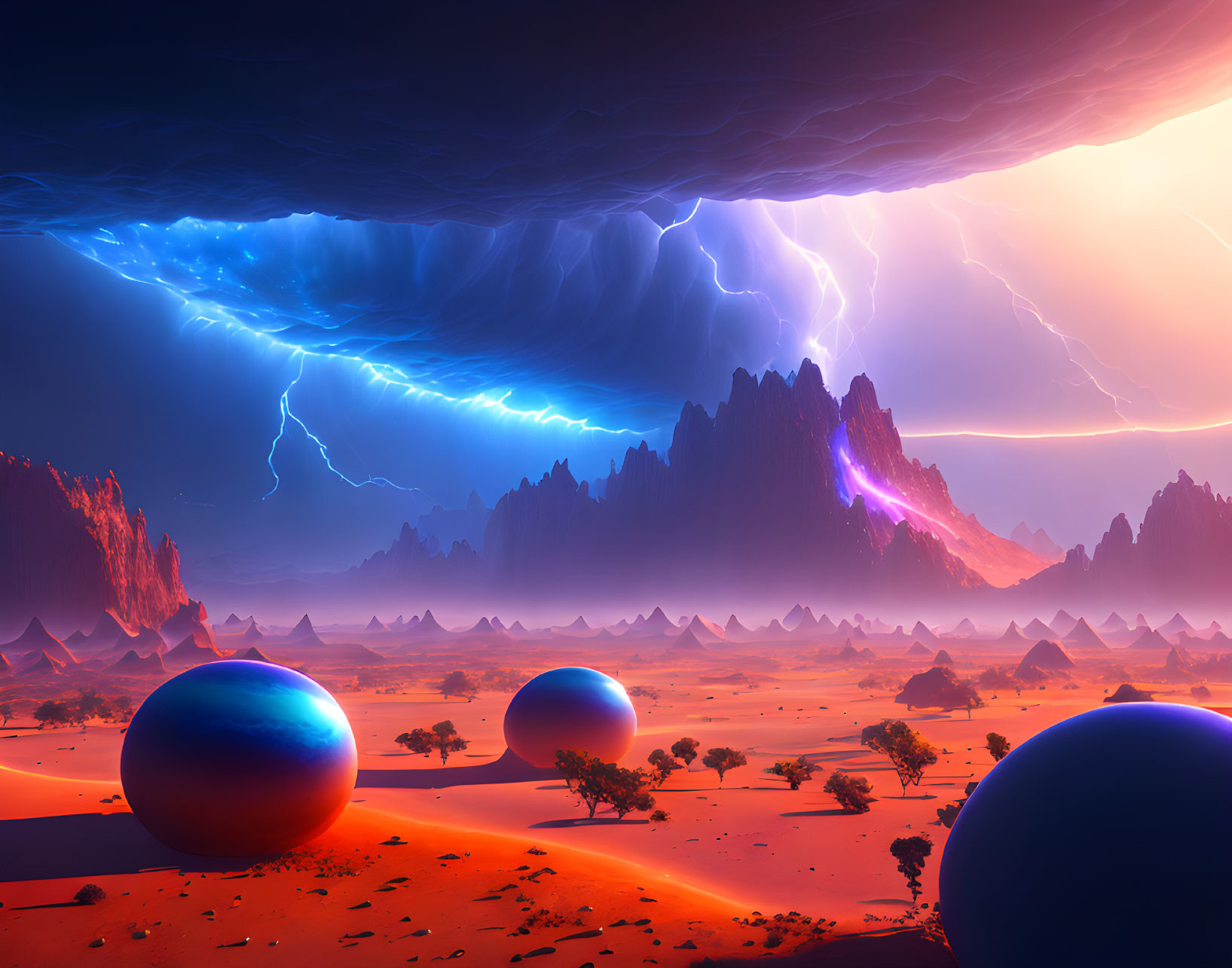 Alien landscape with blue orbs, jagged mountains, desert, and vibrant sky