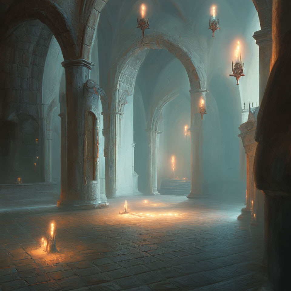 Medieval stone hallway with candles, torches, arches, candelabrum, and soft