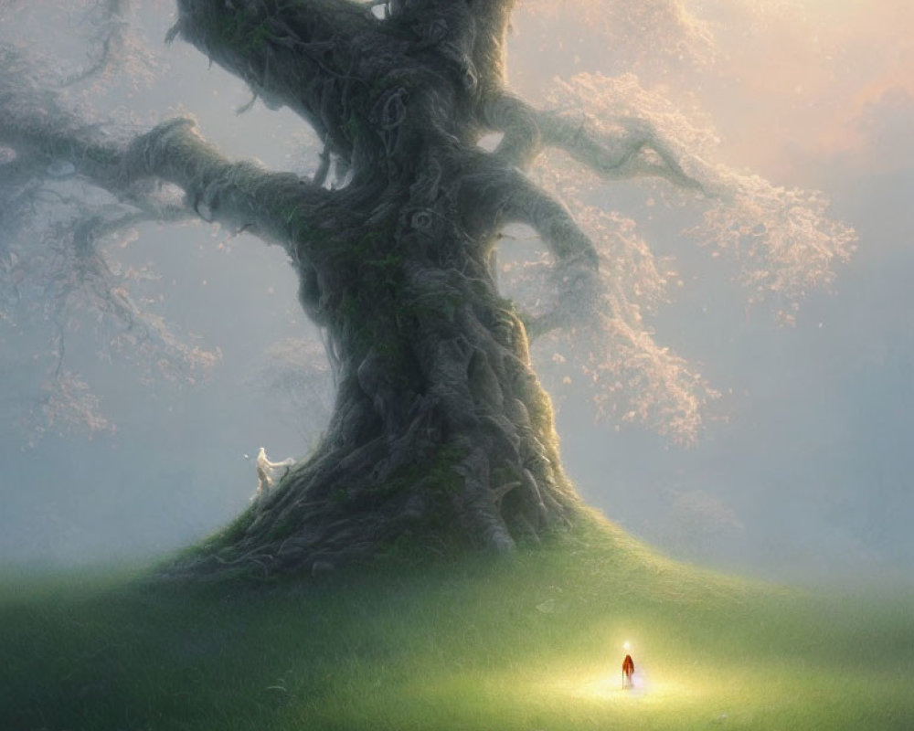 Enchanting scene of a large mystical tree with a figure, lantern, and white wolf in serene