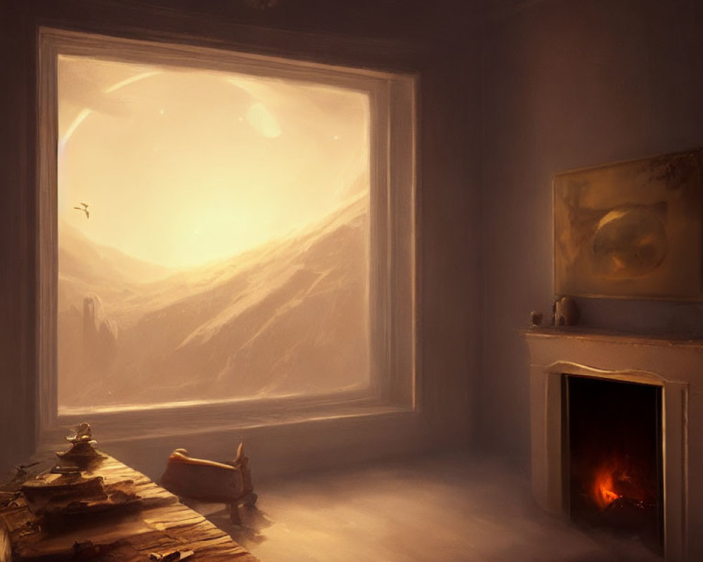 Cozy room with glowing fireplace and snowy landscape view