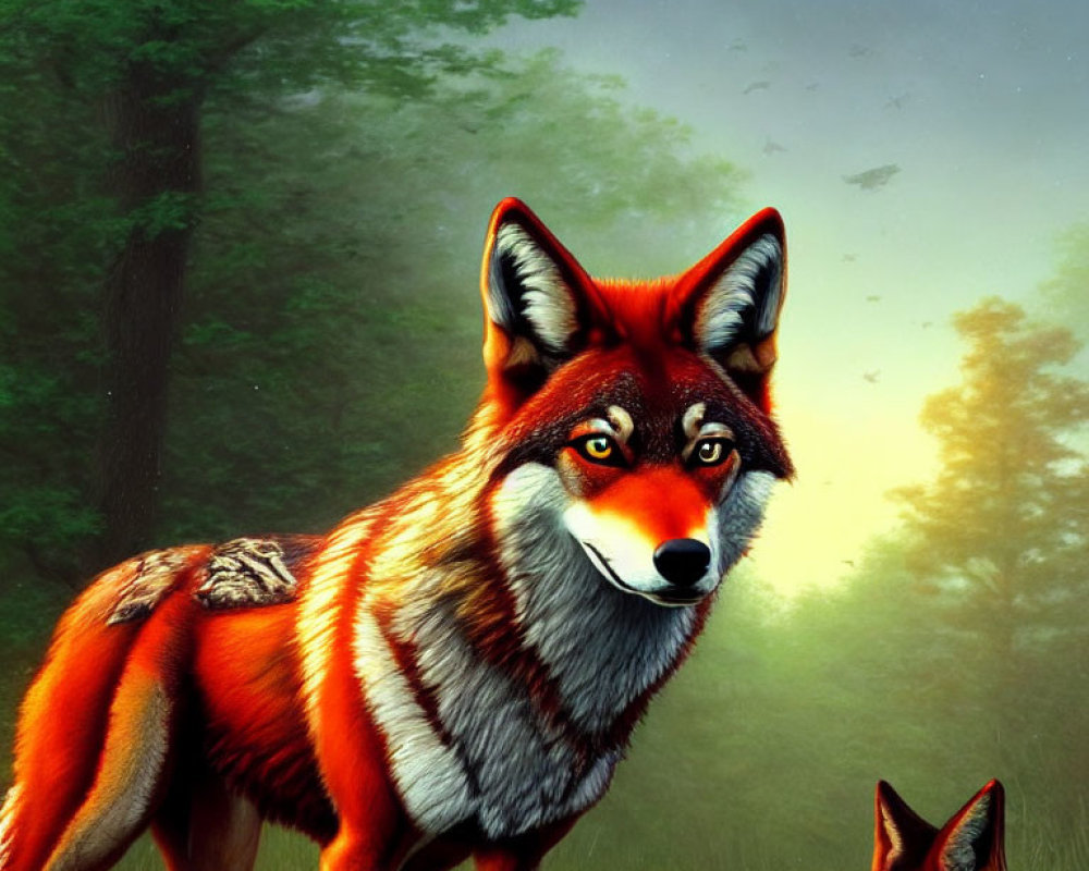 Detailed illustration: Two foxes in sunlit forest clearing, one gazing at viewer