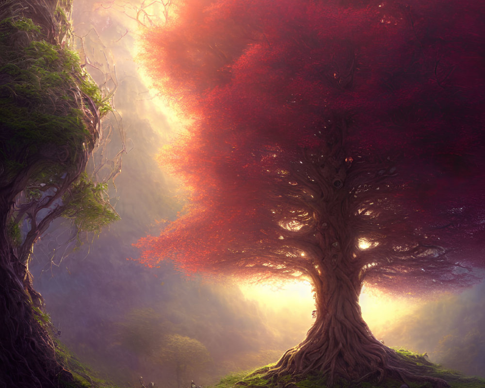 Majestic red canopy tree in mystical forest with sunlight and greenery