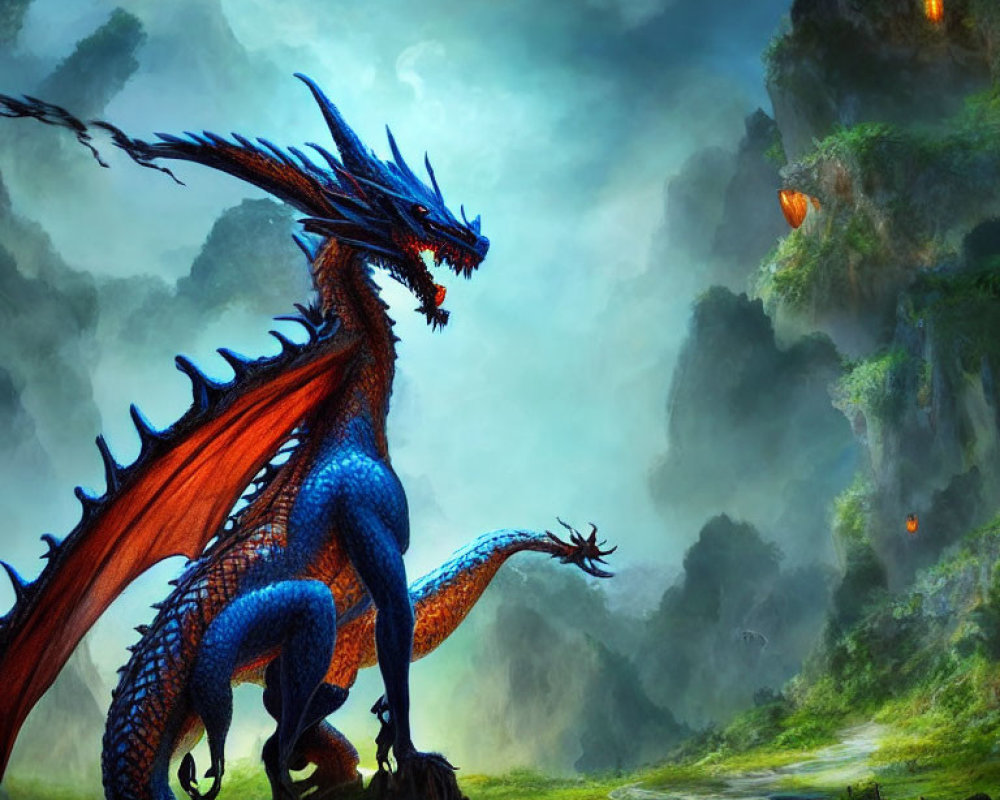 Blue Dragon with Red Wings in Mystical Forest with Floating Lights