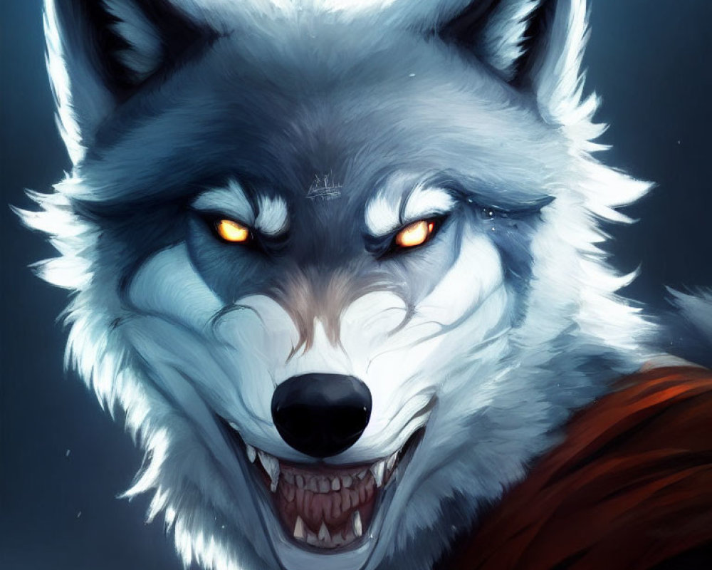 Detailed Close-up Illustration of Snarling Wolf with Amber Eyes and Grey Fur