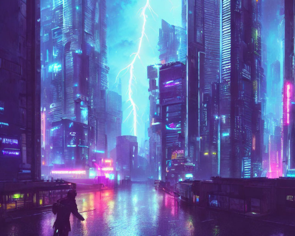 Person with umbrella in neon-lit futuristic cityscape.