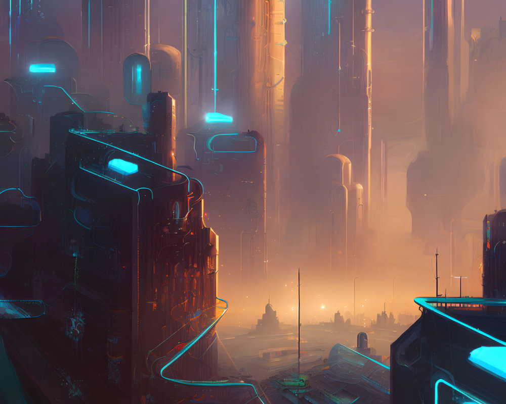 Futuristic cityscape: towering skyscrapers, neon lights, elevated pathways