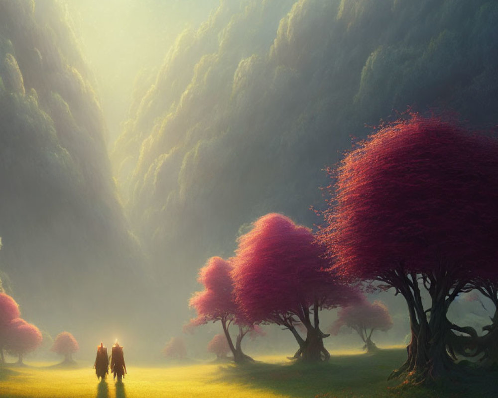 Fantastical Landscape with Pink Trees and Horse Riders