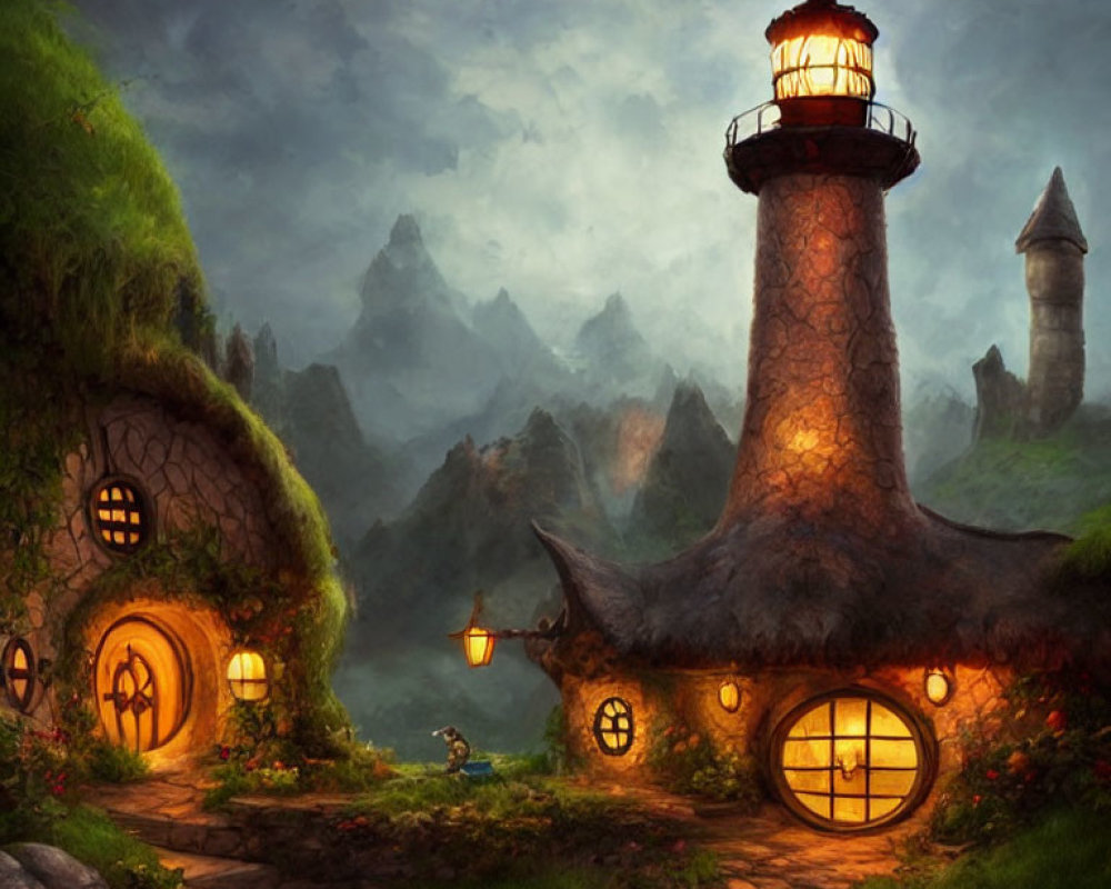 Fantasy landscape with hillside house and lighthouse against mountain backdrop