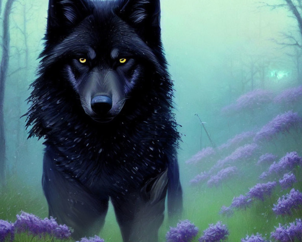 Majestic black wolf with yellow eyes in misty forest clearing