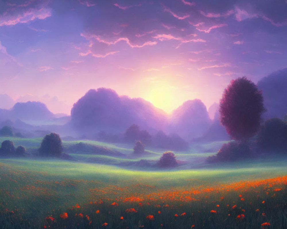 Serene meadow at sunrise with purple skies and orange flowers