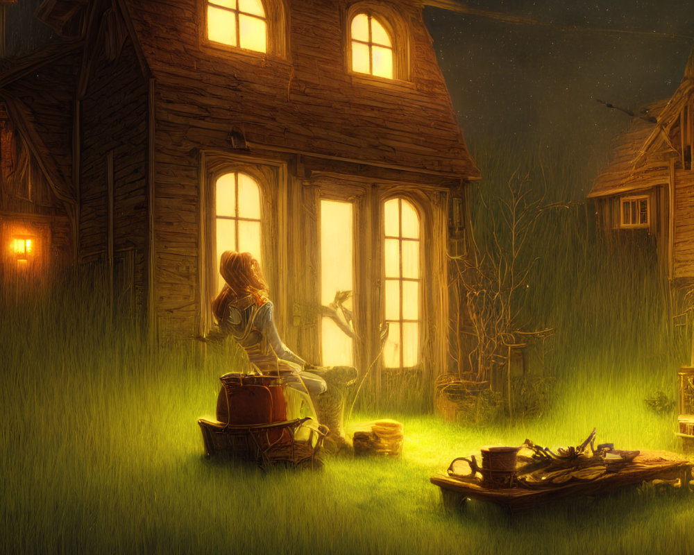 Tranquil nighttime landscape with cottage, woman, sword, grassy field, and starry sky