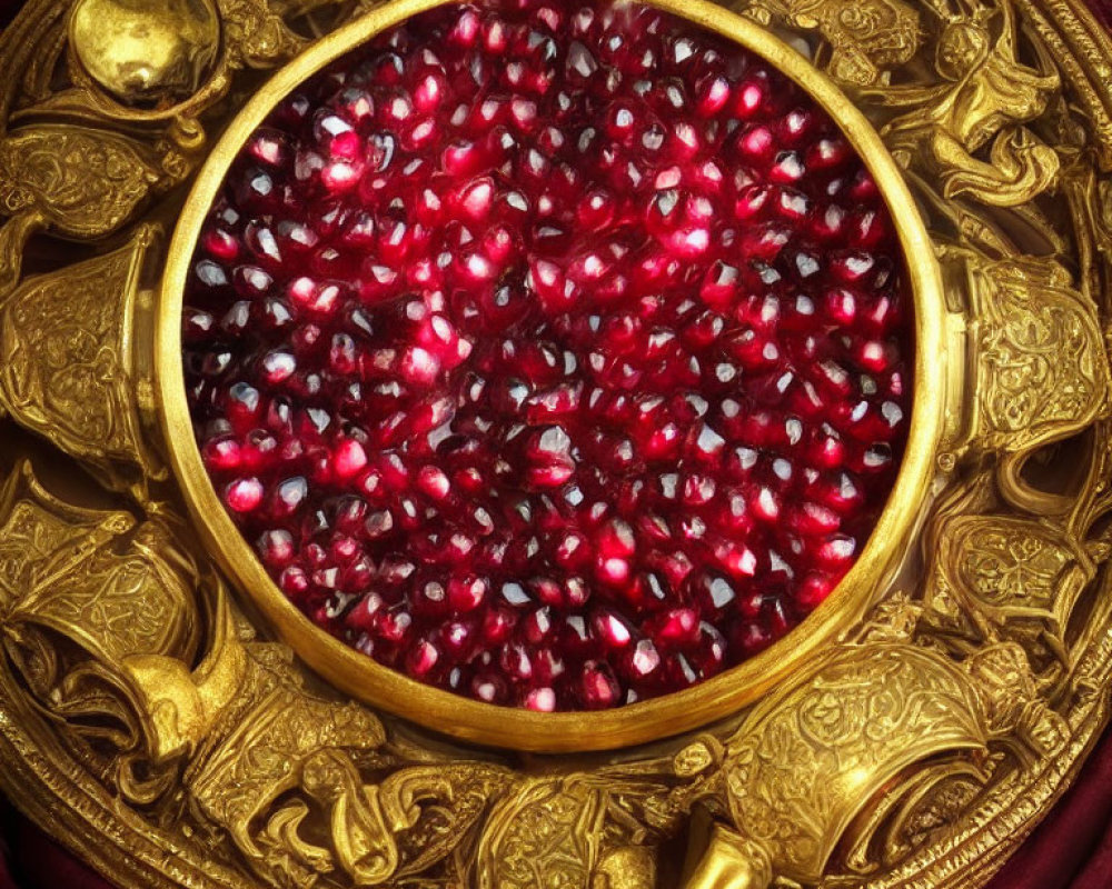 Golden pedestal with elephant motifs holds pomegranate seeds on red fabric.