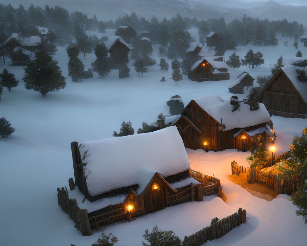 Snow-covered village with wooden houses and lanterns in foggy mountains