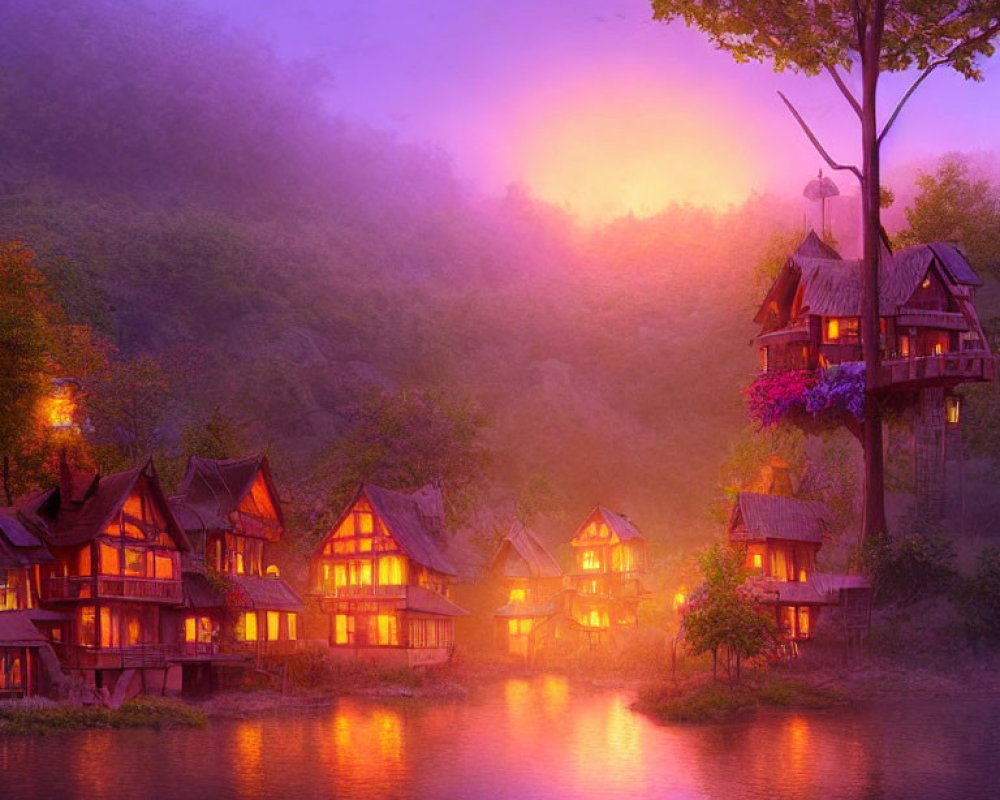 Tranquil twilight scene: quaint houses by river at sunset