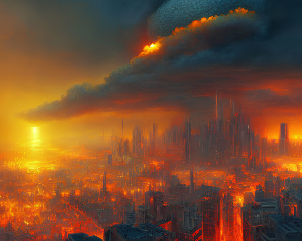 Dystopian cityscape at sunset with burning skyscrapers in stormy sky