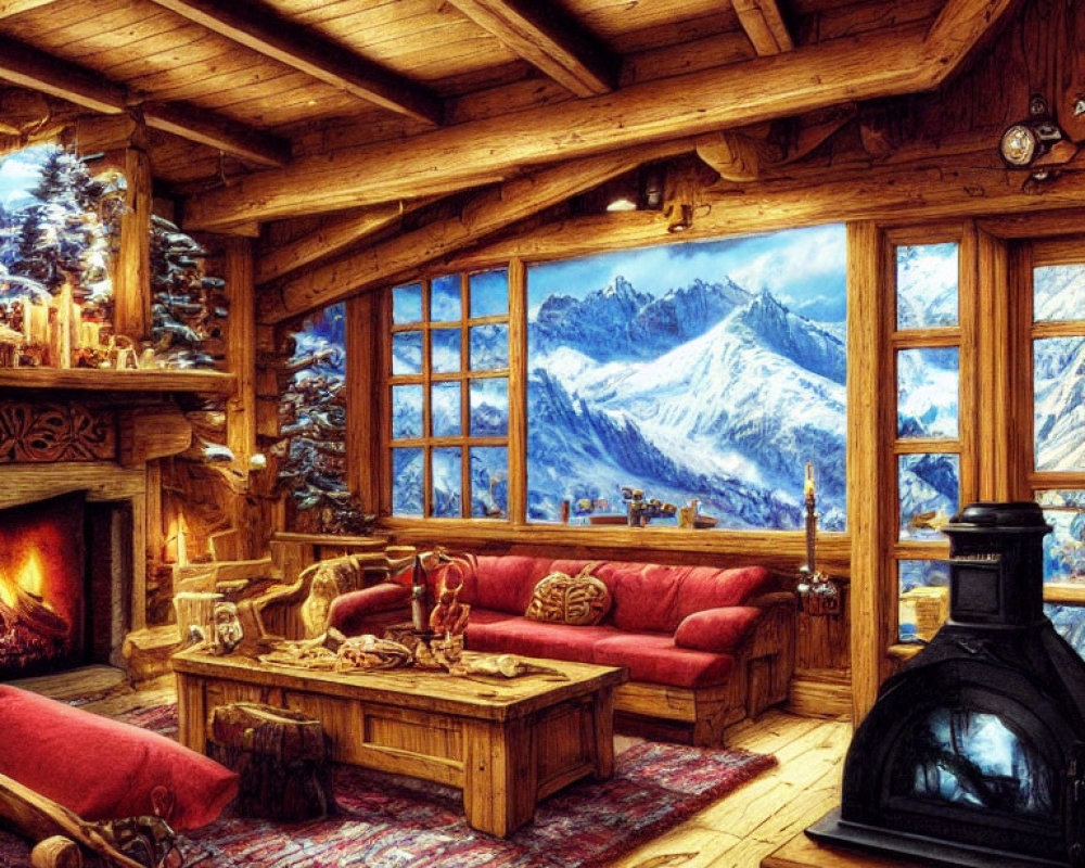 Warmly lit wooden cabin interior with plush seating, fireplace, snowy mountain view.