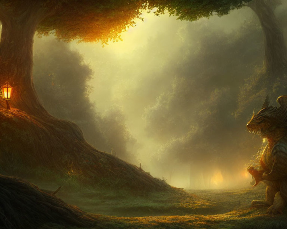 Mystical forest scene with warm light, lantern, and peaceful dragon