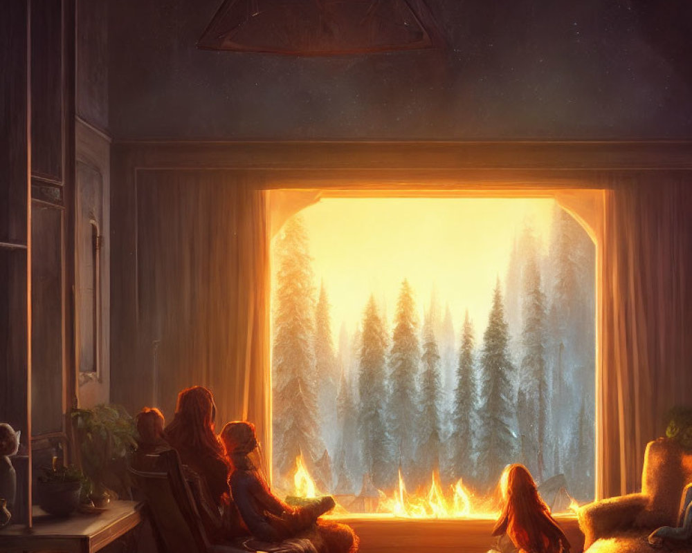 Cozy Room with People by Fire & Snowy Forest View