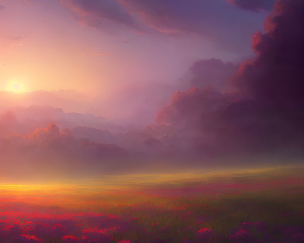 Colorful Sunset Illustration Over Lush Flower Field