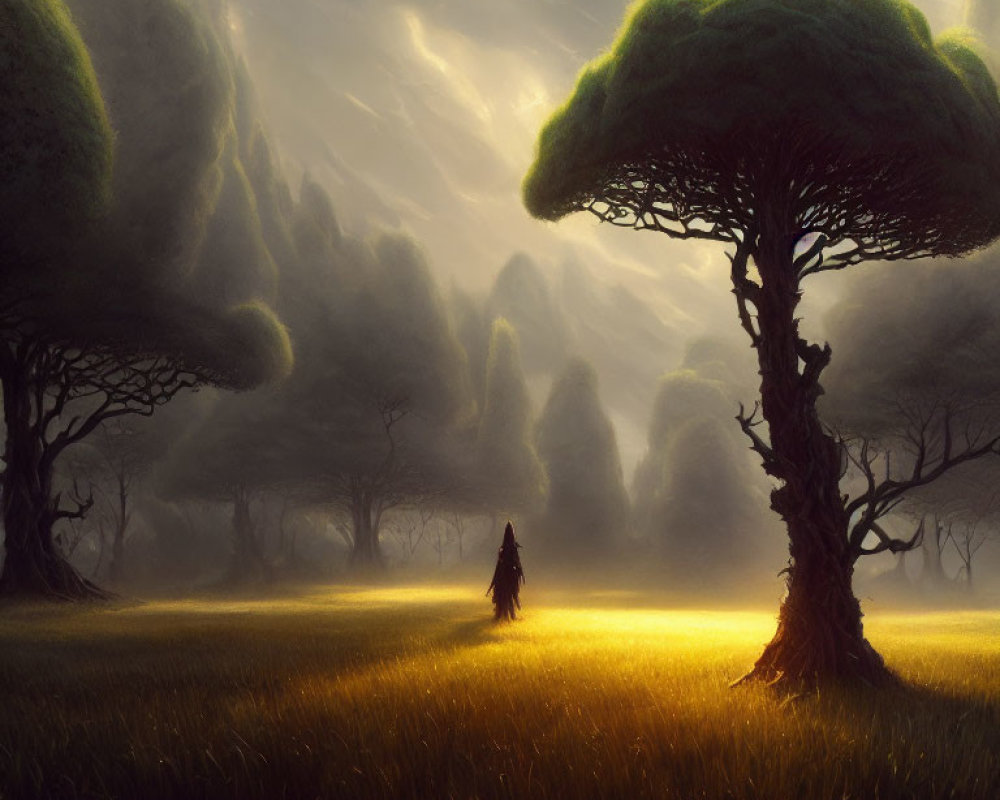 Mystical landscape with cloaked figure in dreamy meadow surrounded by oversized trees