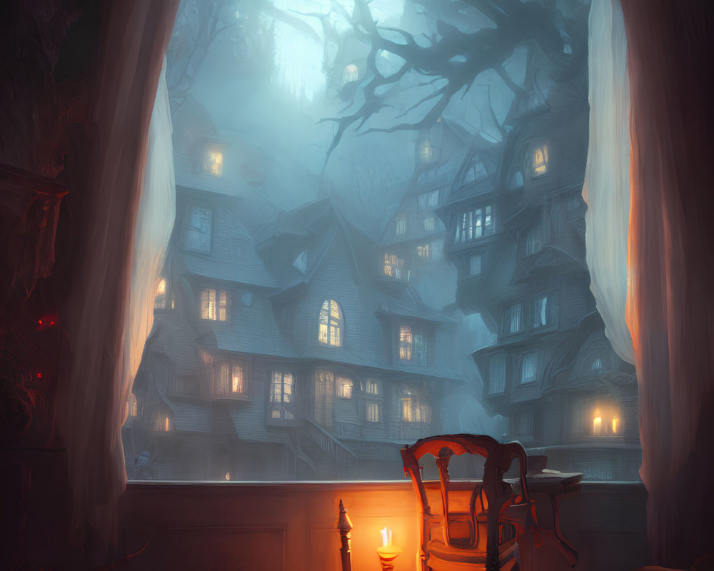 Mystical multi-storied building in fog with chair and candle