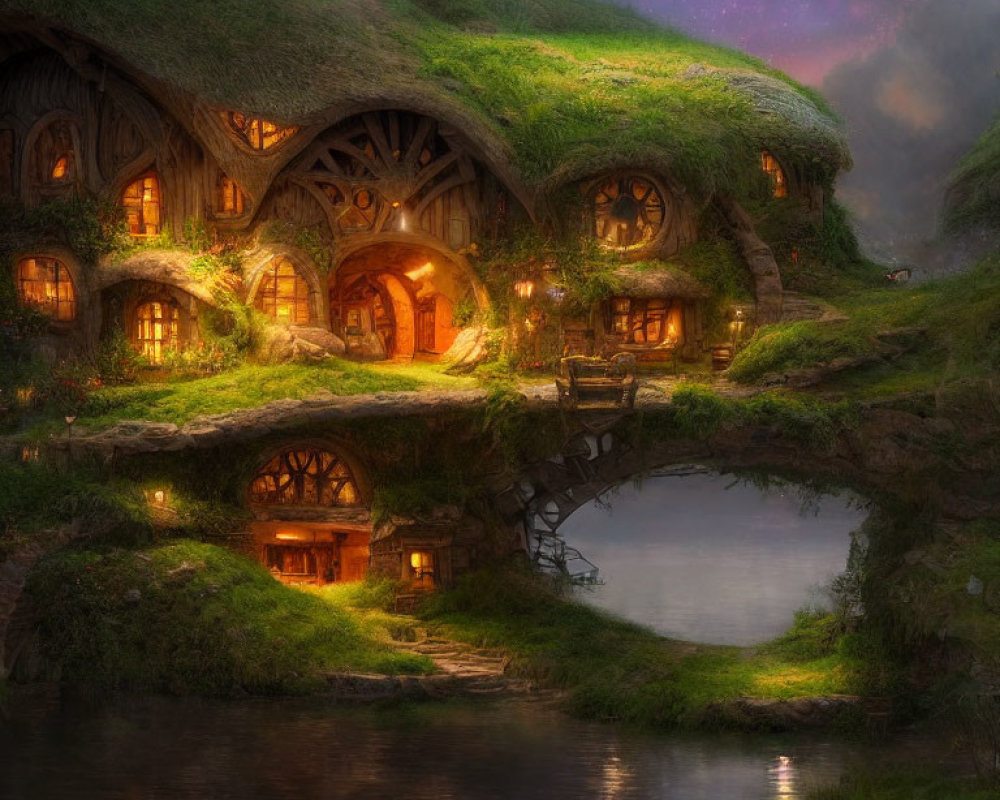 Quaint hobbit-style houses with round doors and windows nestled in lush hillside