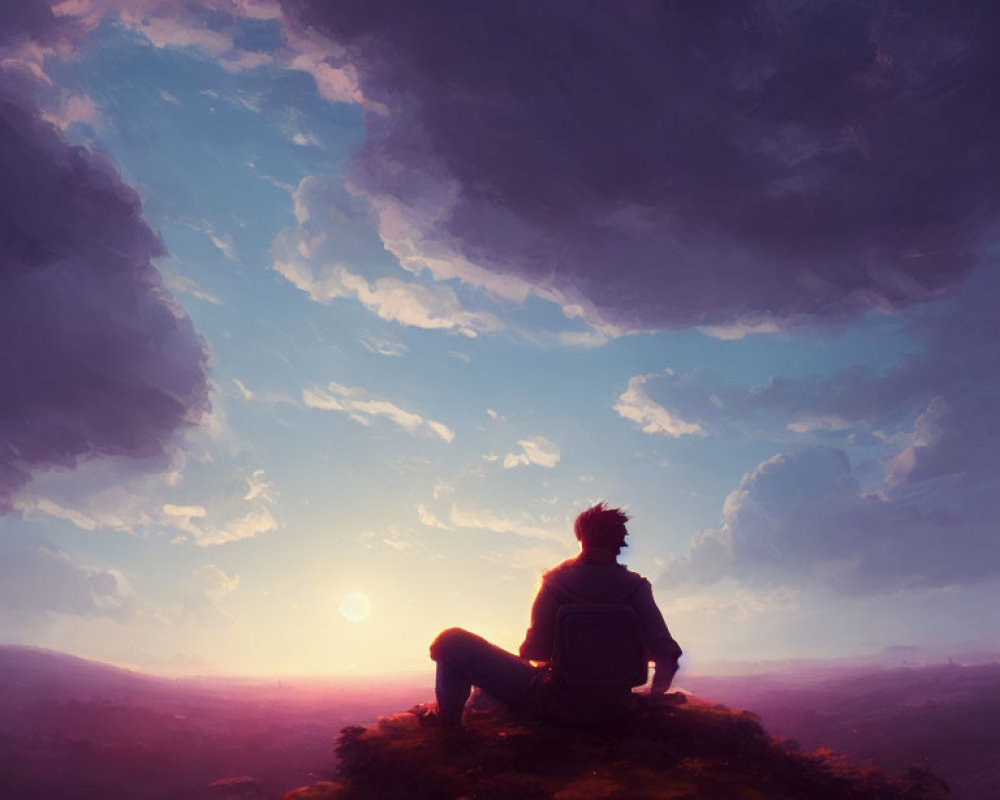 Person sitting on grassy hill at sunset with colorful sky and clouds above vast landscape