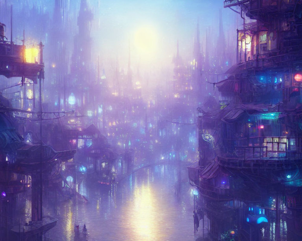 Blue Twilight Cityscape with Futuristic Buildings and Luminous Orb