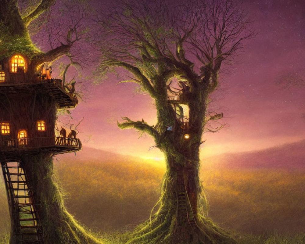 Illustration of tree houses in ancient trees under starry sky