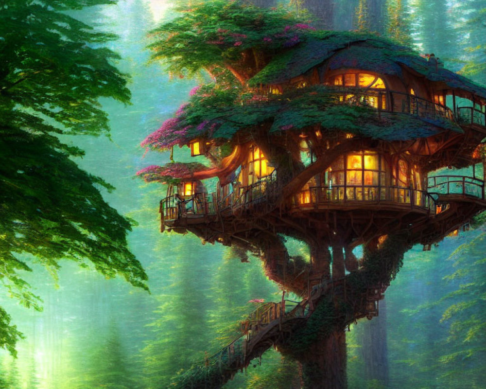 Beautiful treehouse in lush forest with green foliage and pink blossoms under warm lights