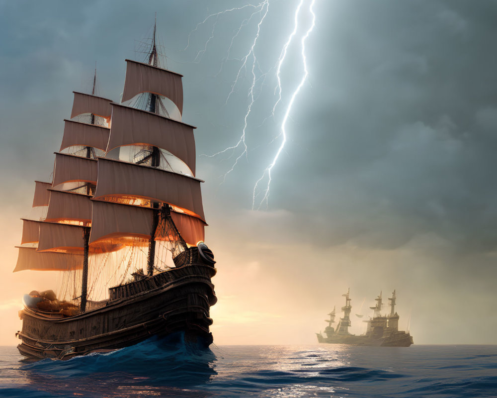 Majestic sailing ship on stormy sea with lightning striking