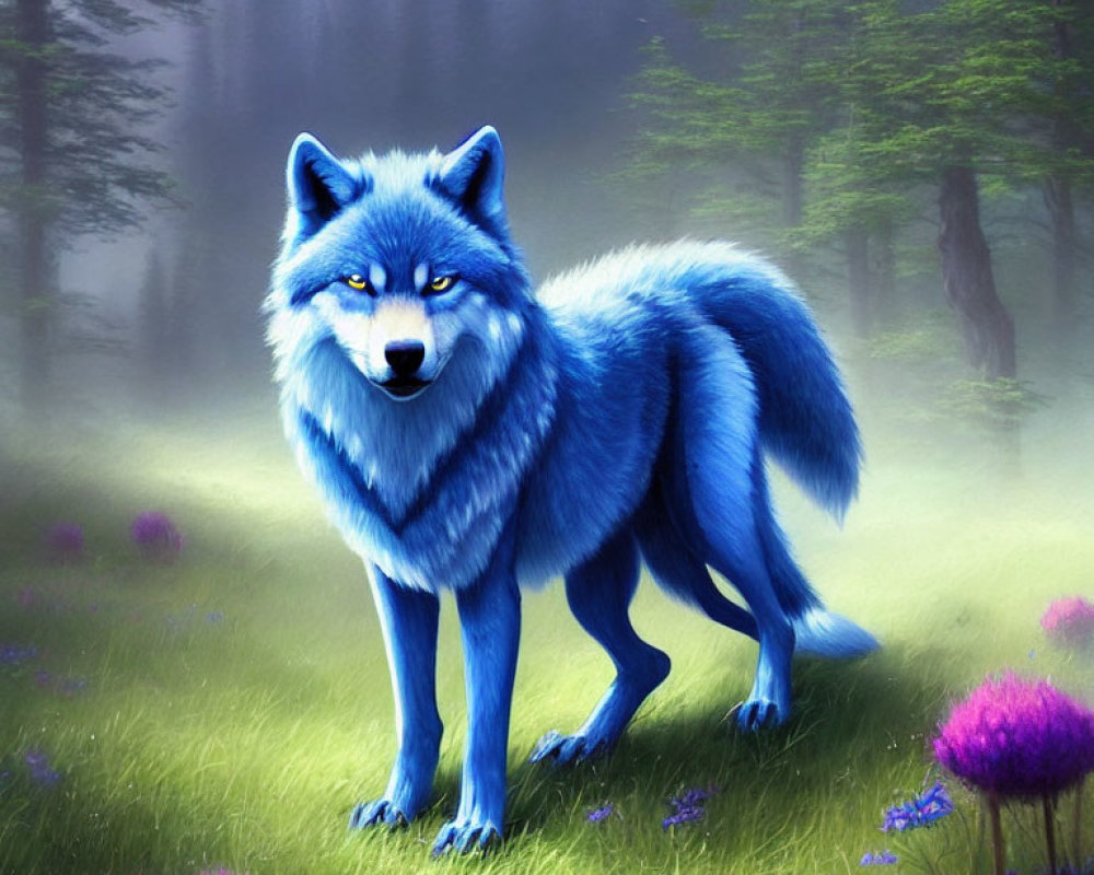 Vibrant blue wolf in mystical forest with purple flowers