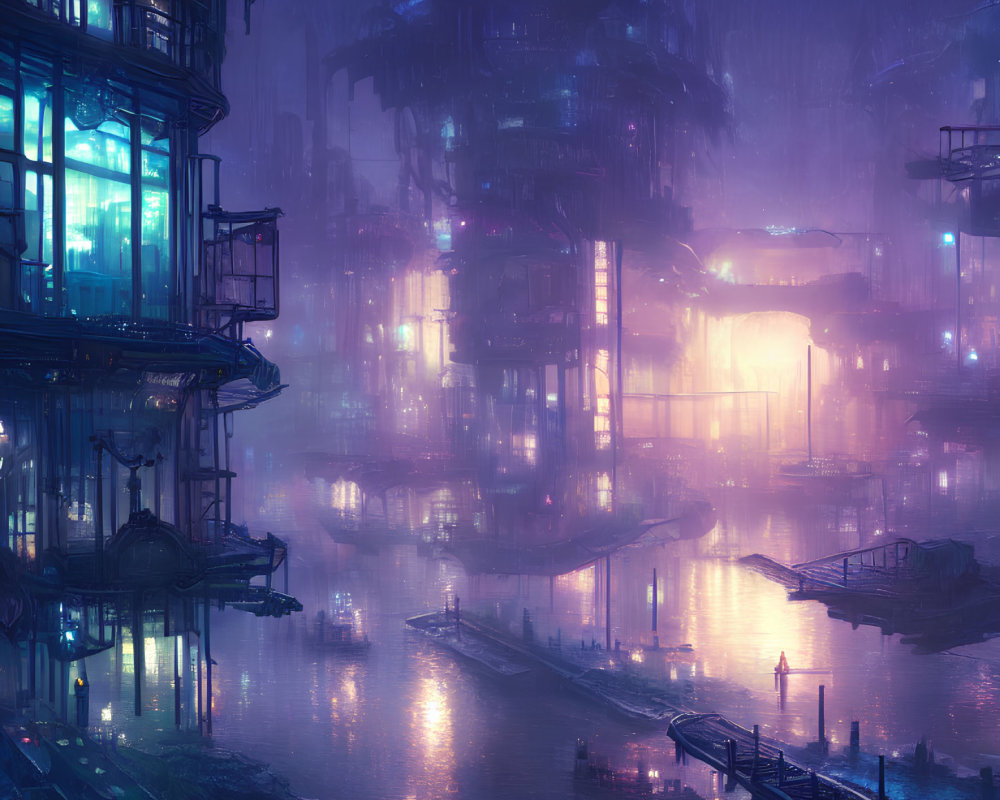 Futuristic neon-lit cityscape with towering structures