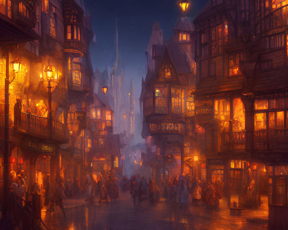 Medieval street scene at twilight with townsfolk, castle, and starry sky