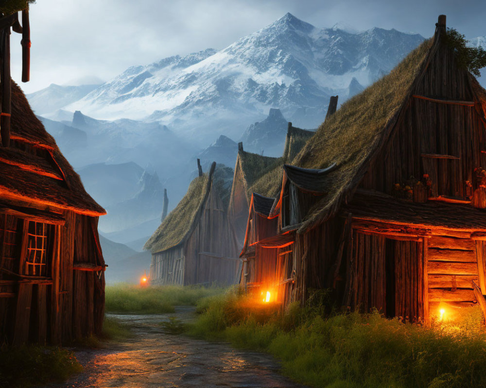 Rustic wooden huts in twilight with snowy mountain backdrop